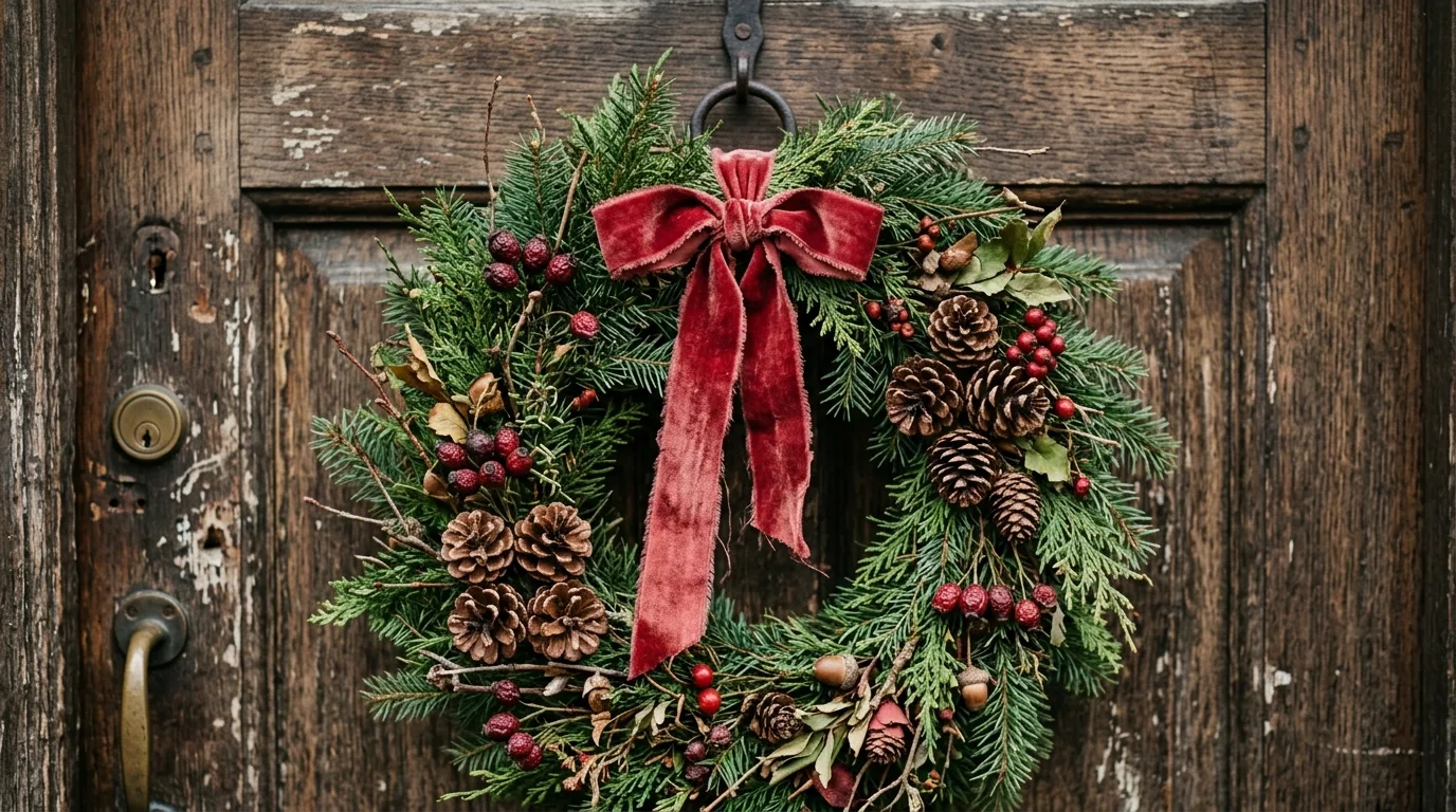 Vintage-style Christmas wreath on an aged wooden door.